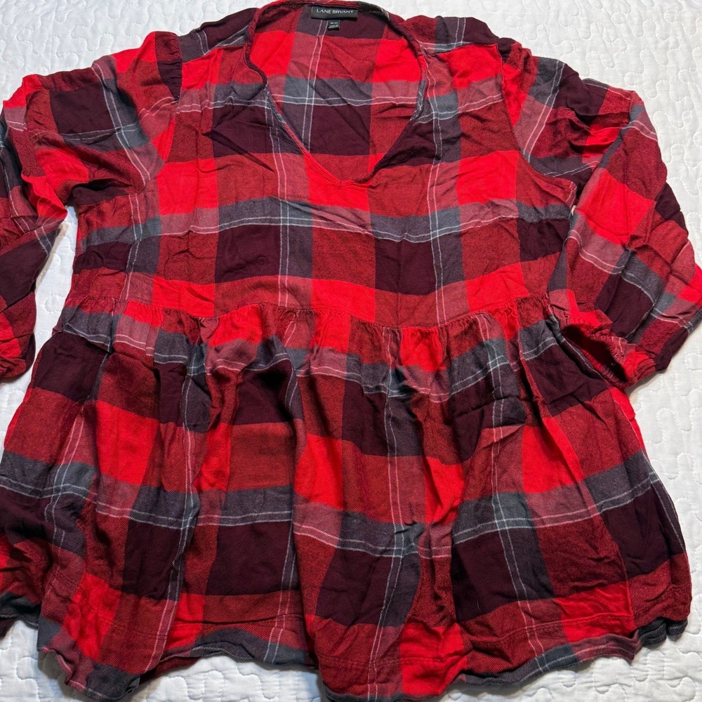 Lane Bryant Women 18/20 Tunic Top Red Plaid Babydoll BOHO COTTAGECORE LUMBERJACK - Picture 2 of 8